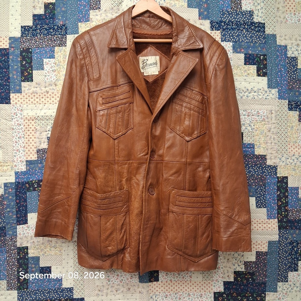 Vintage Bermans Leather Car Coat Mens L Brown Removable Faux Fur Lining